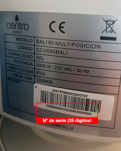 Ejemplo de ubicación del número de serie